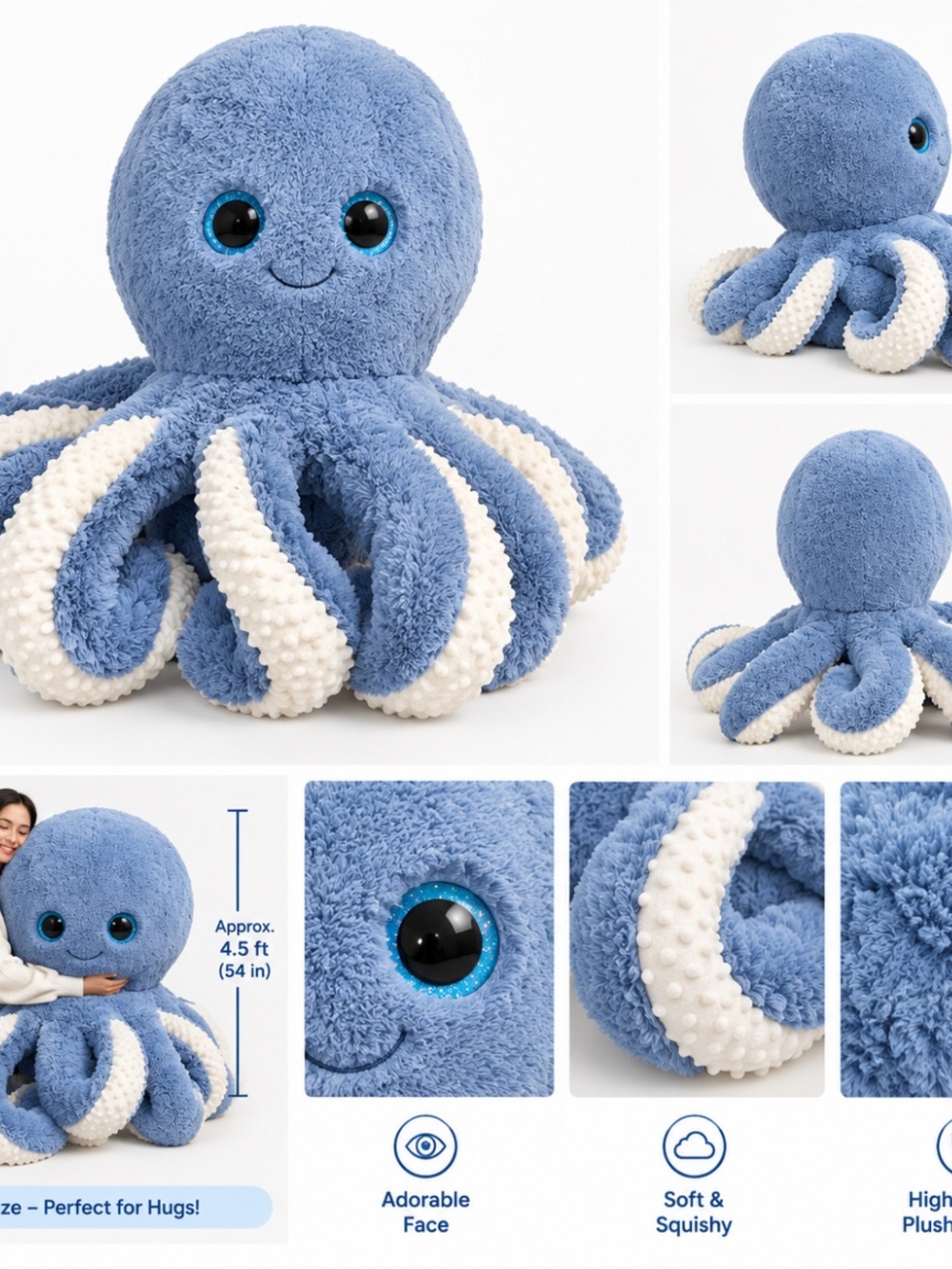Blue Plush Octopus Stuffed Toy - Soft Cuddly Kids Toy